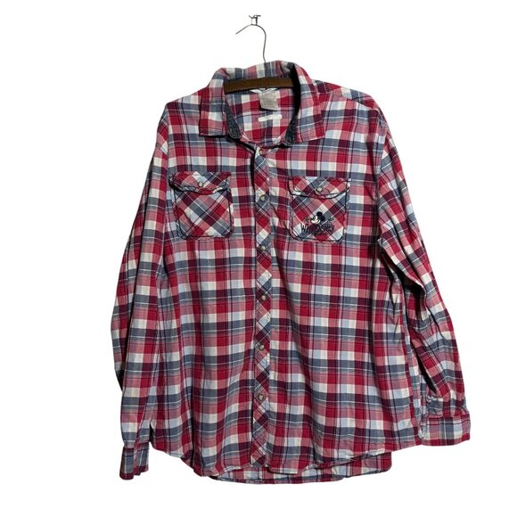 Disney Parks Plaid Pearl Snap Button Down Mickey Mouse Shirt Men's Size XL Red - Picture 2 of 9